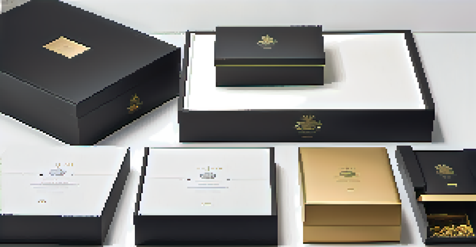 A luxurious cannabis packaging design with a matte black box and gold logo, open to reveal elegant interior padding.