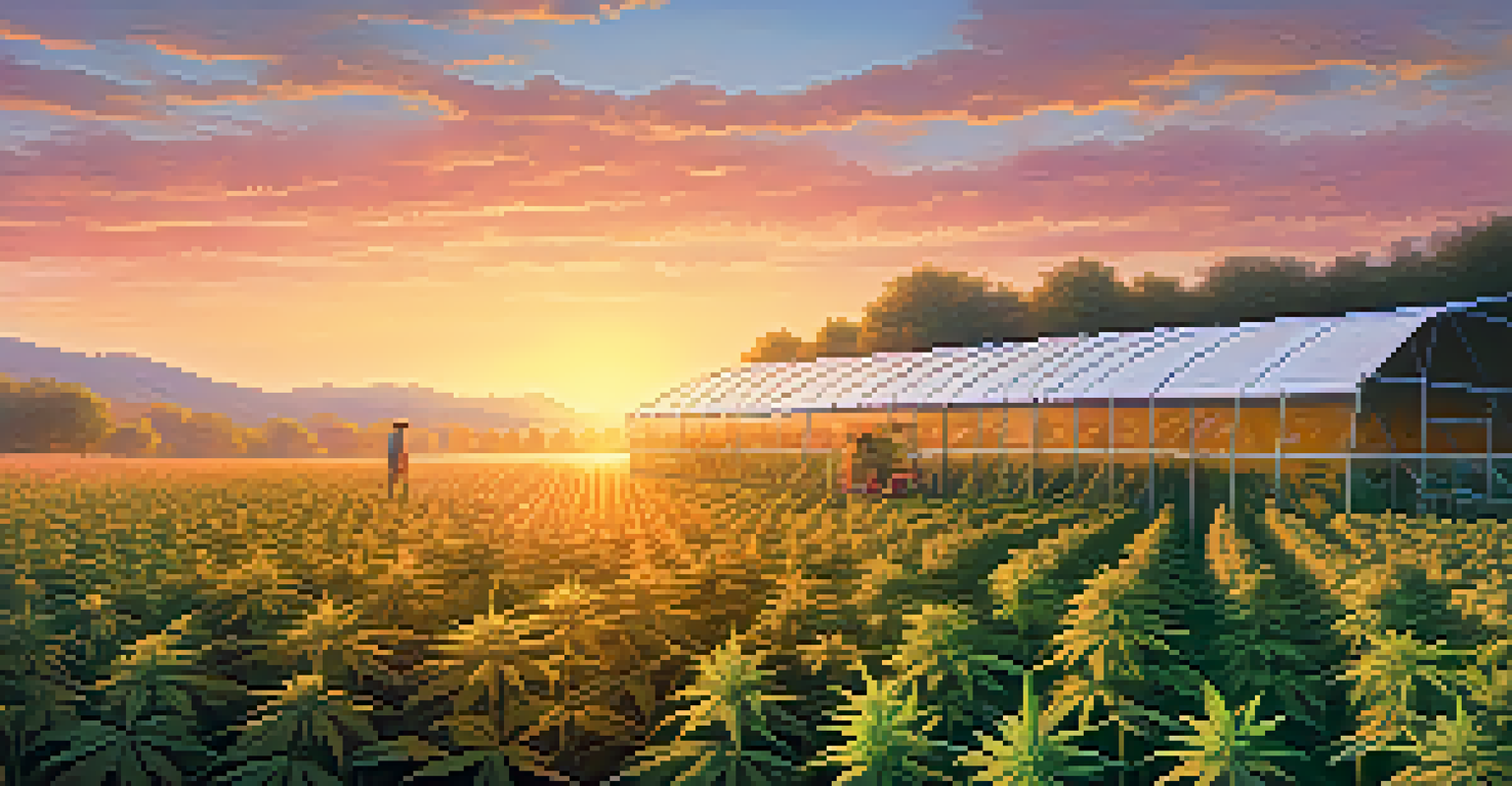 A peaceful cannabis farm at dawn with rows of plants, a farmer tending to them, and a sunrise with pastel colors in the sky.