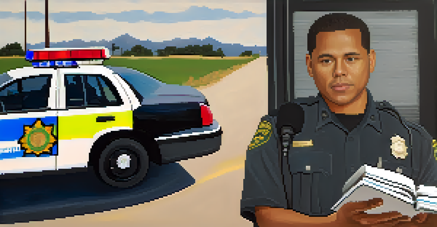 A law enforcement officer with a training manual about marijuana laws in front of a police vehicle.
