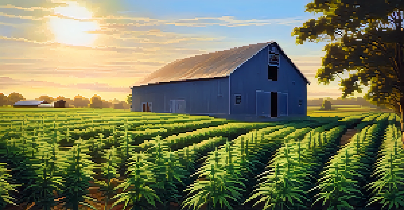 A peaceful hemp farm with rows of green plants and a barn under a clear sky.