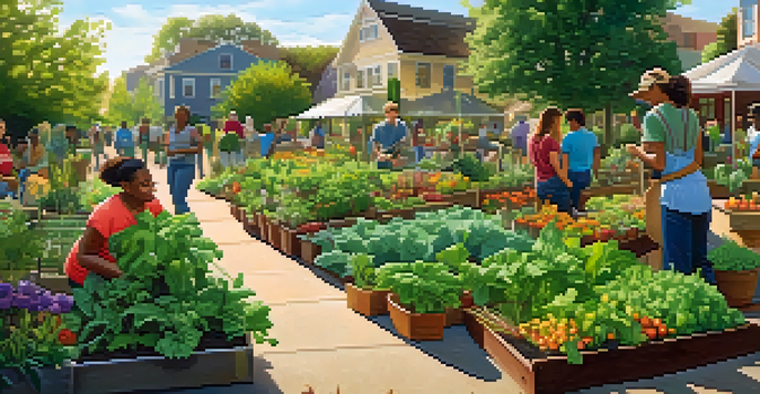 A diverse group of people working together in a community garden filled with various plants and flowers under warm sunlight.