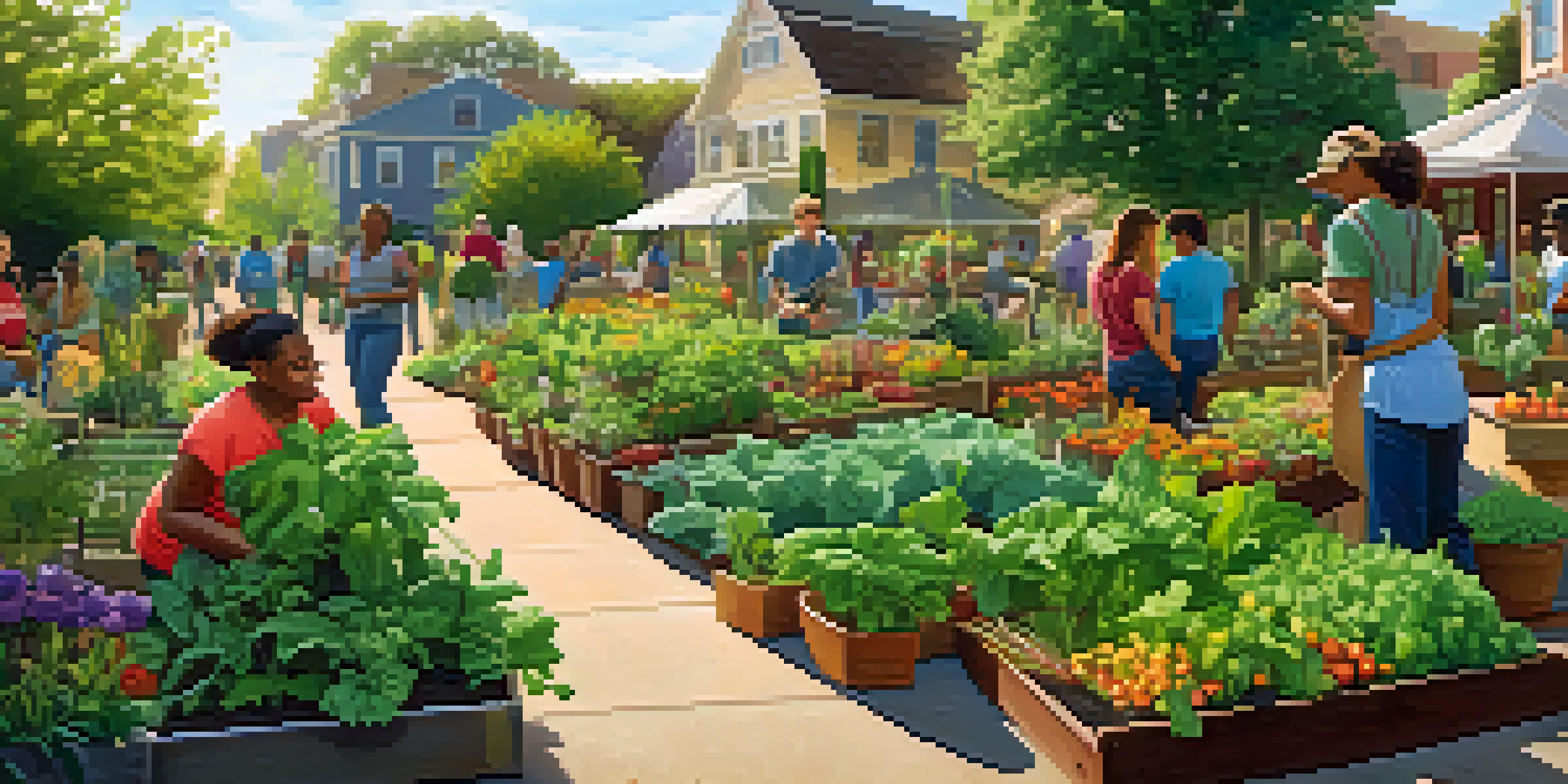 A diverse group of people working together in a community garden filled with various plants and flowers under warm sunlight.