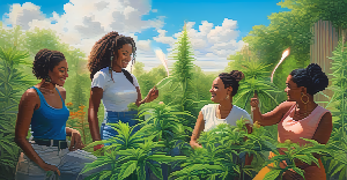 A diverse group of women working in a sunny cannabis garden, tending to plants and engaging in conversation.