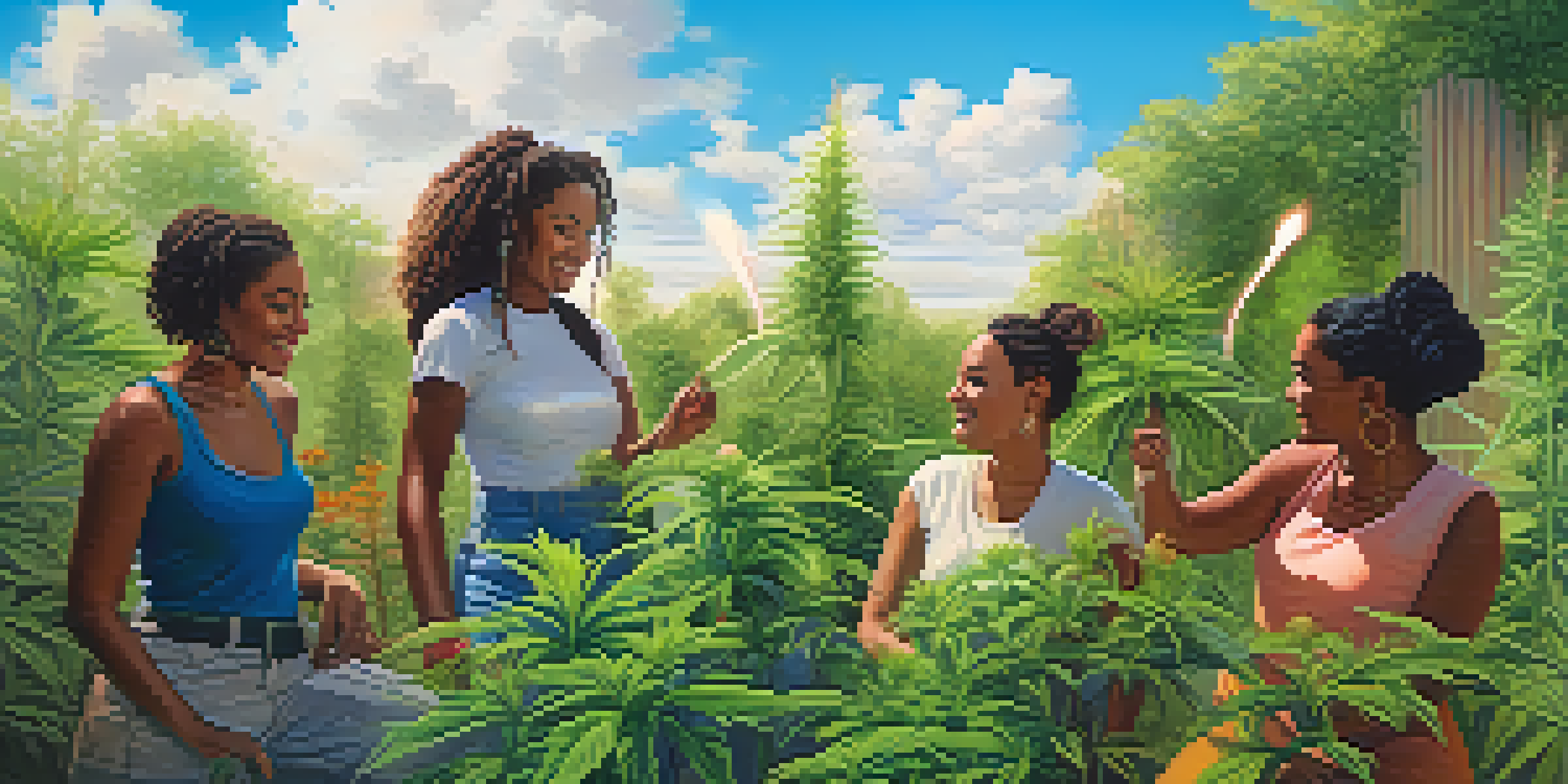 A diverse group of women working in a sunny cannabis garden, tending to plants and engaging in conversation.