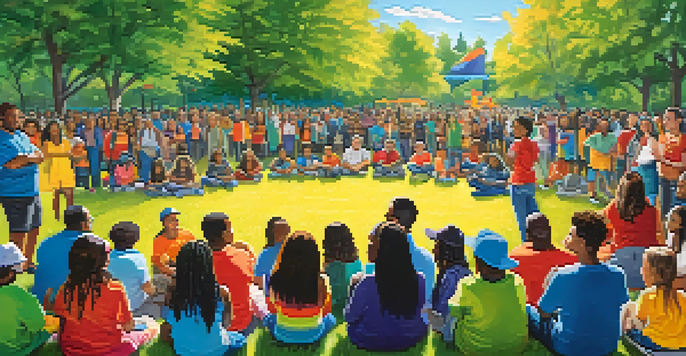 A community gathering in a park with parents and youth discussing marijuana education, colorful banners, and children playing in the background.