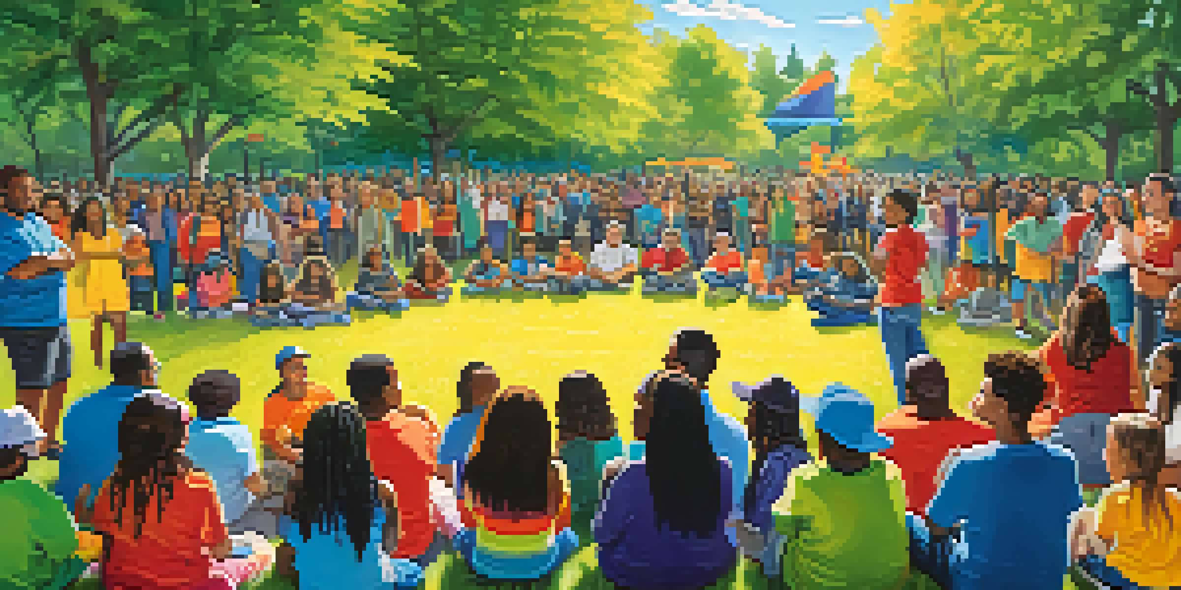 A community gathering in a park with parents and youth discussing marijuana education, colorful banners, and children playing in the background.