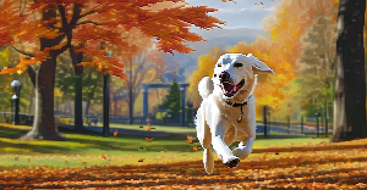 A joyful dog is running in a park with autumn leaves, and its owner is throwing a ball in the background.