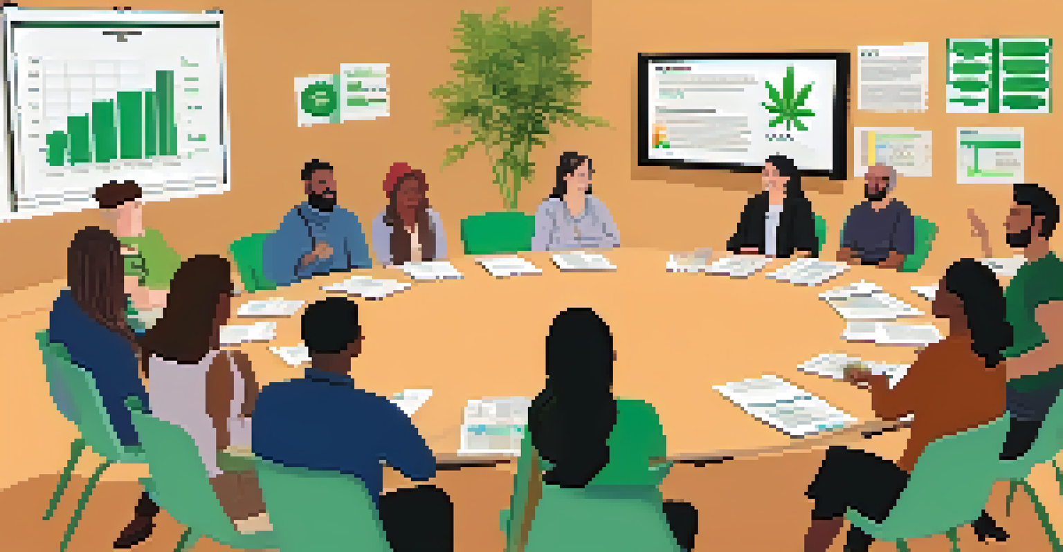 A workshop on cannabis legalization with a diverse group of people discussing, and a projector displaying information.