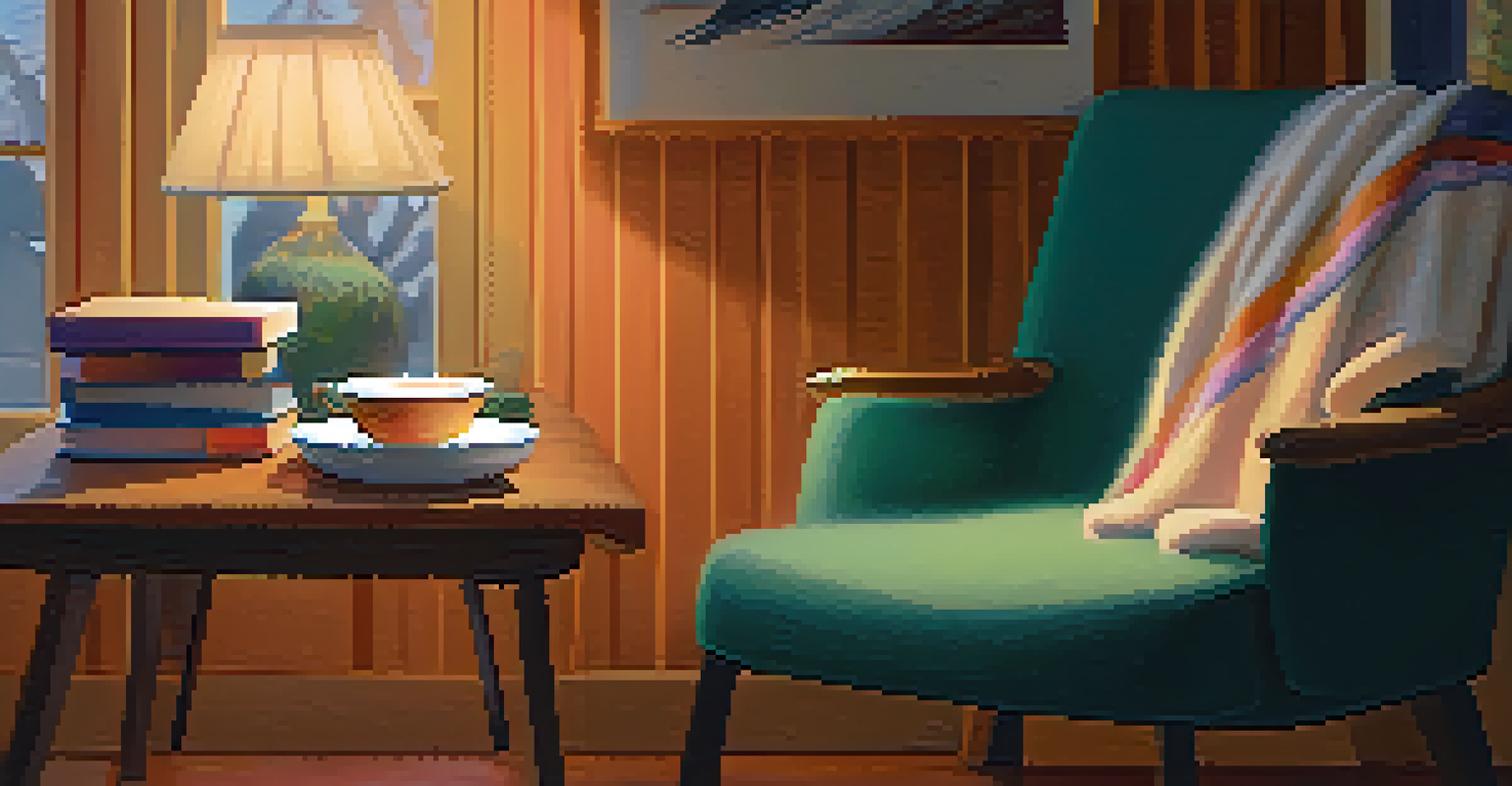 A cozy reading nook with an armchair, books, and a steaming cup of tea, illuminated by a warm lamp.