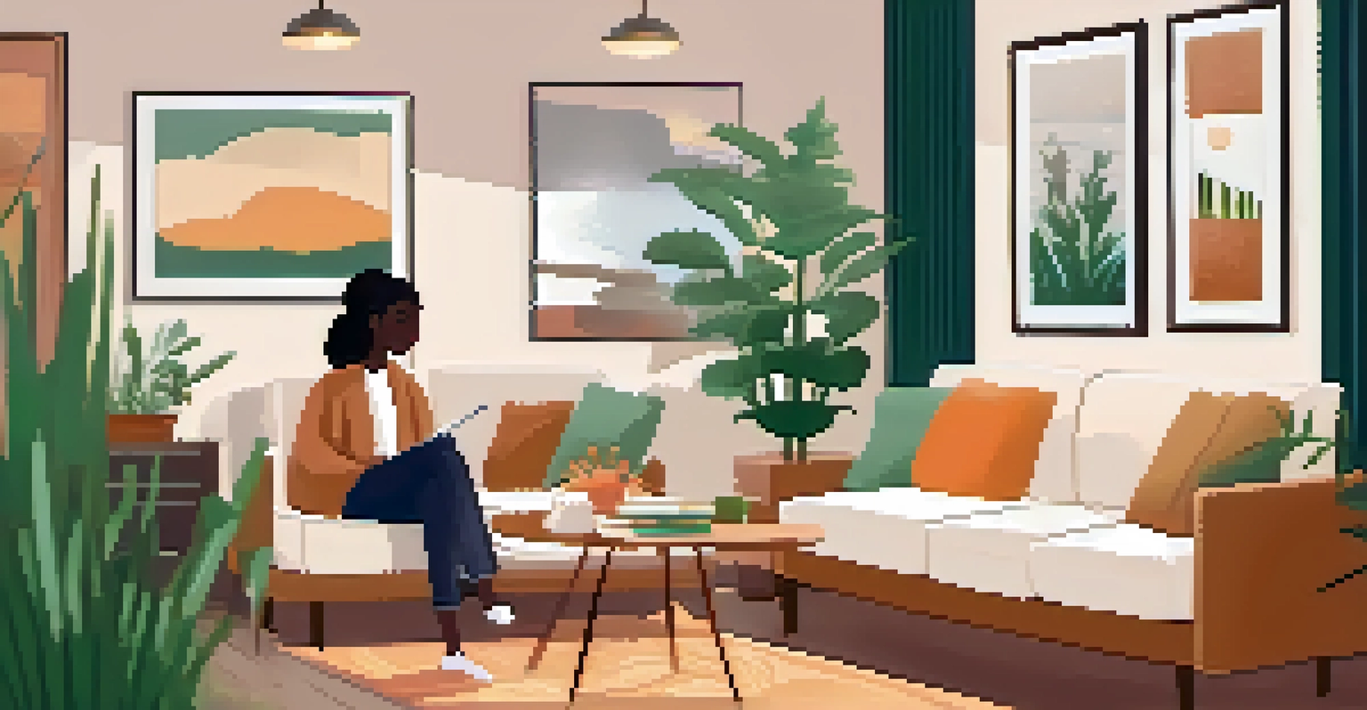 A cozy therapy room with a young adult talking to a therapist, featuring soft lighting, plants, and calming artwork.