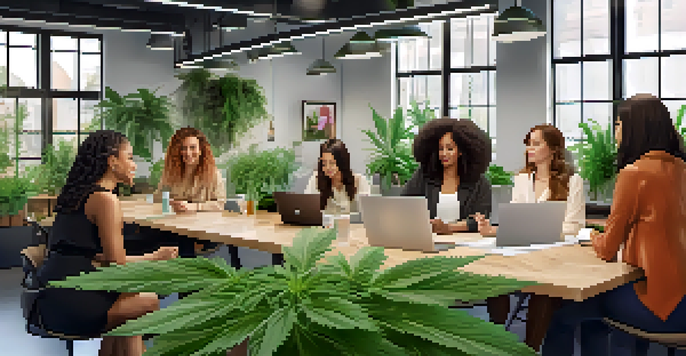 A diverse group of women collaborating in a bright cannabis co-working space, surrounded by plants and documents.