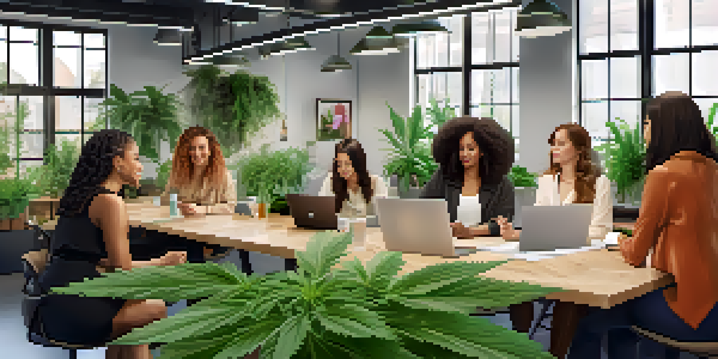 A diverse group of women collaborating in a bright cannabis co-working space, surrounded by plants and documents.