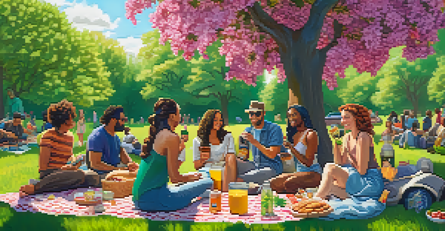 A diverse group of people enjoying a picnic in a park, with cannabis products displayed on a table amidst a vibrant outdoor setting.