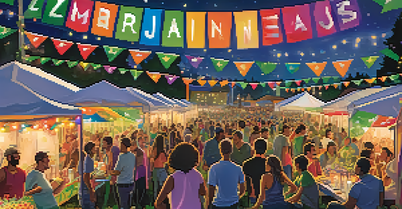 A community event celebrating marijuana legalization, with food trucks and informational booths, showcasing diverse attendees and a festive atmosphere.