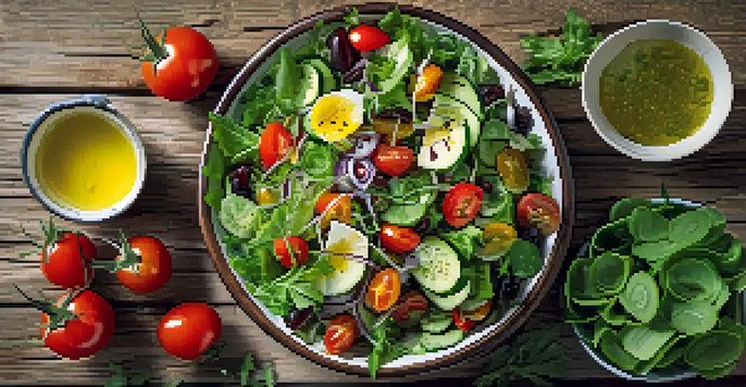 An overhead view of a colorful cannabis-infused salad with mixed greens, tomatoes, and cucumbers, drizzled with infused oil on a wooden table.