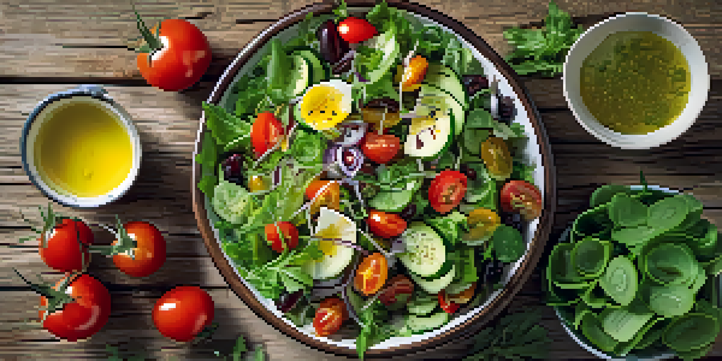 An overhead view of a colorful cannabis-infused salad with mixed greens, tomatoes, and cucumbers, drizzled with infused oil on a wooden table.