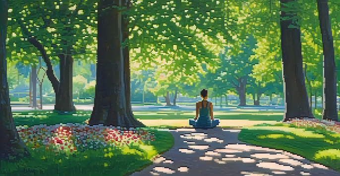 A person meditating in a peaceful park, surrounded by flowers and trees, with sunlight filtering through the leaves.