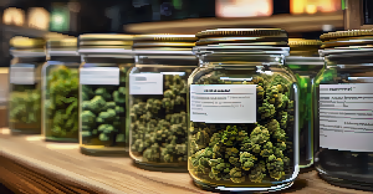 Close-up of various cannabis strains in labeled jars on a wooden counter, showcasing their vibrant colors and textures.