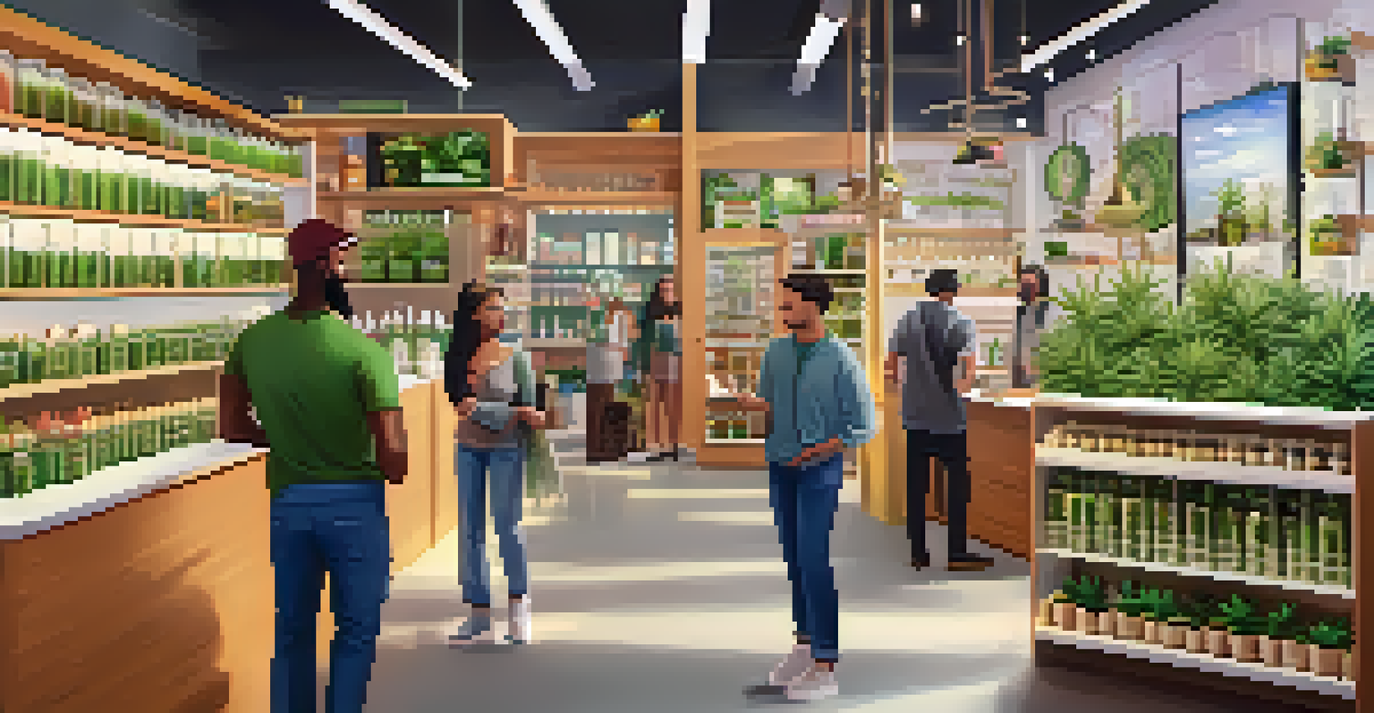 A vibrant cannabis retail store where customers are enjoying a guided tasting session with friendly staff.