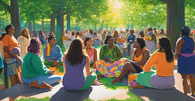A diverse group of women in a park discussing cannabis activism with colorful banners around them.