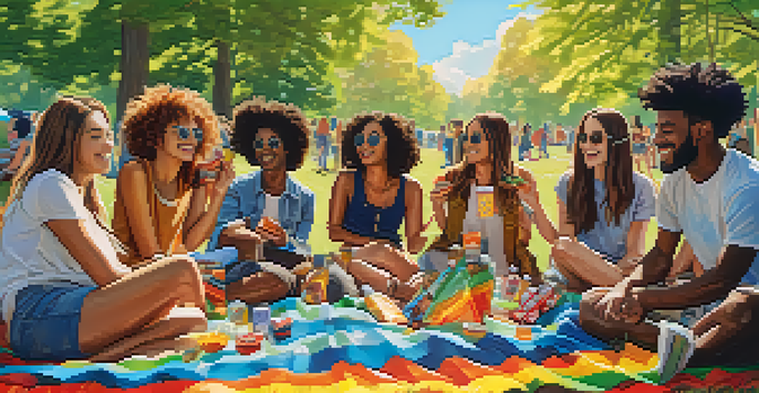 A lively outdoor gathering of young adults in a park with colorful picnic blankets and cannabis-infused snacks, surrounded by sunlight and trees.