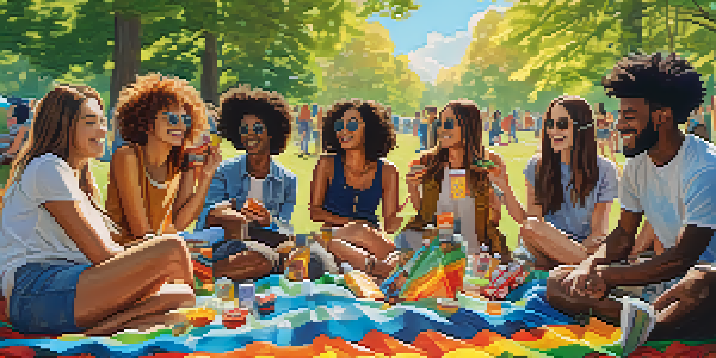 A lively outdoor gathering of young adults in a park with colorful picnic blankets and cannabis-infused snacks, surrounded by sunlight and trees.