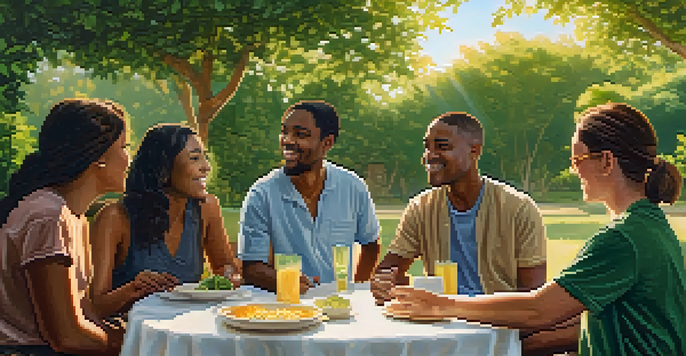 A diverse group of people in a green park engaged in a supportive conversation, with warm sunlight illuminating the scene.