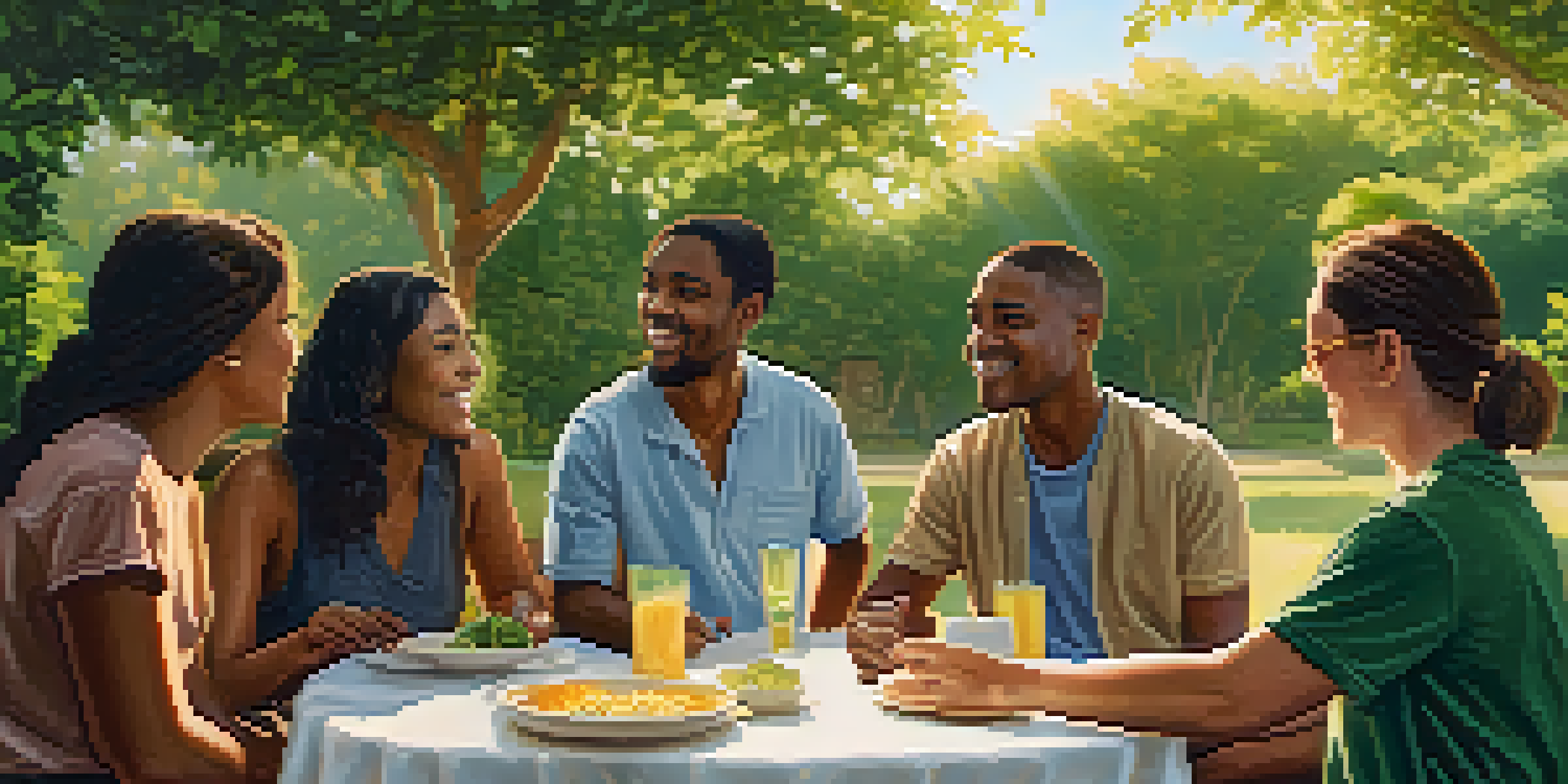 A diverse group of people in a green park engaged in a supportive conversation, with warm sunlight illuminating the scene.