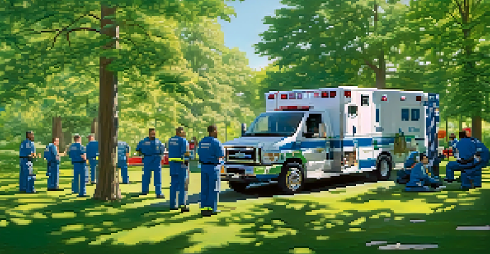 A group of first responders in uniforms practicing emergency response techniques in a sunny park.