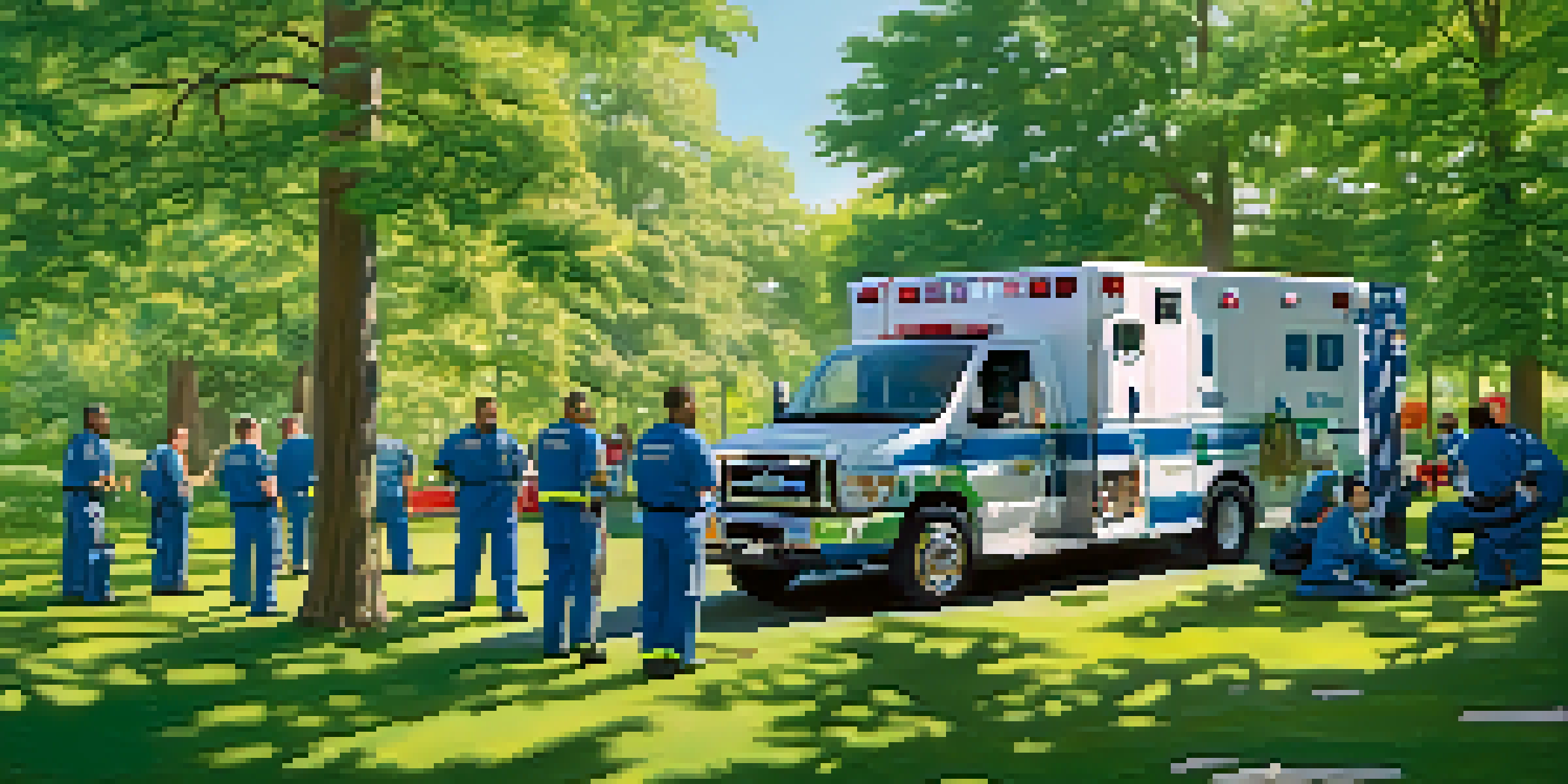 A group of first responders in uniforms practicing emergency response techniques in a sunny park.