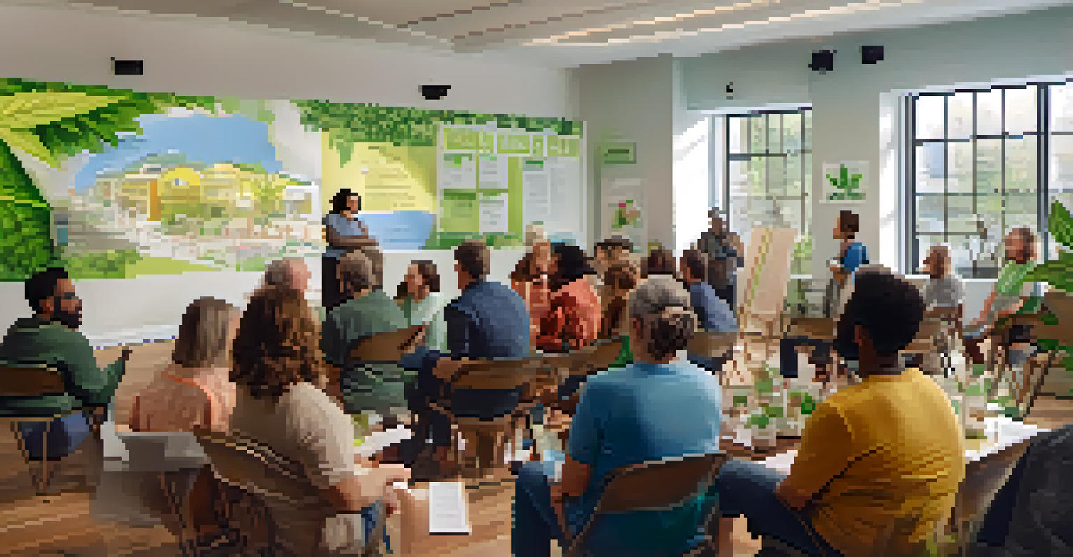 A community meeting room with residents discussing cannabis initiatives, filled with light and engagement.