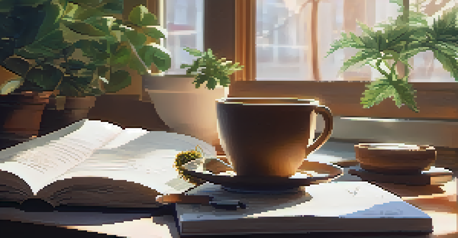 A person journaling about their CBD experience in a cozy sunlit room with a cup of tea and a potted plant.