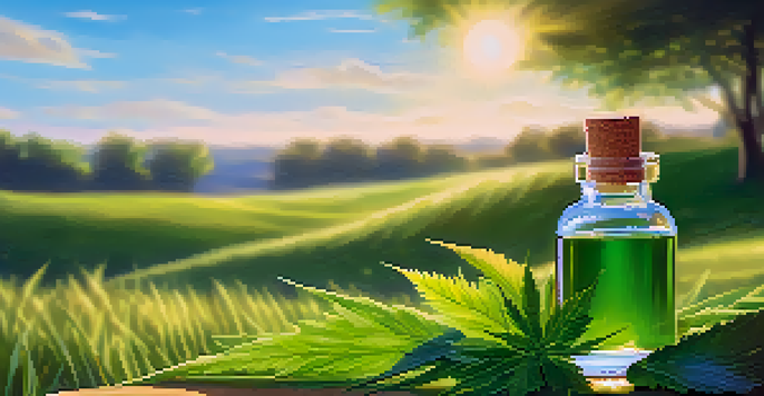 A glass bottle of CBD oil next to hemp leaves in a sunny green field.
