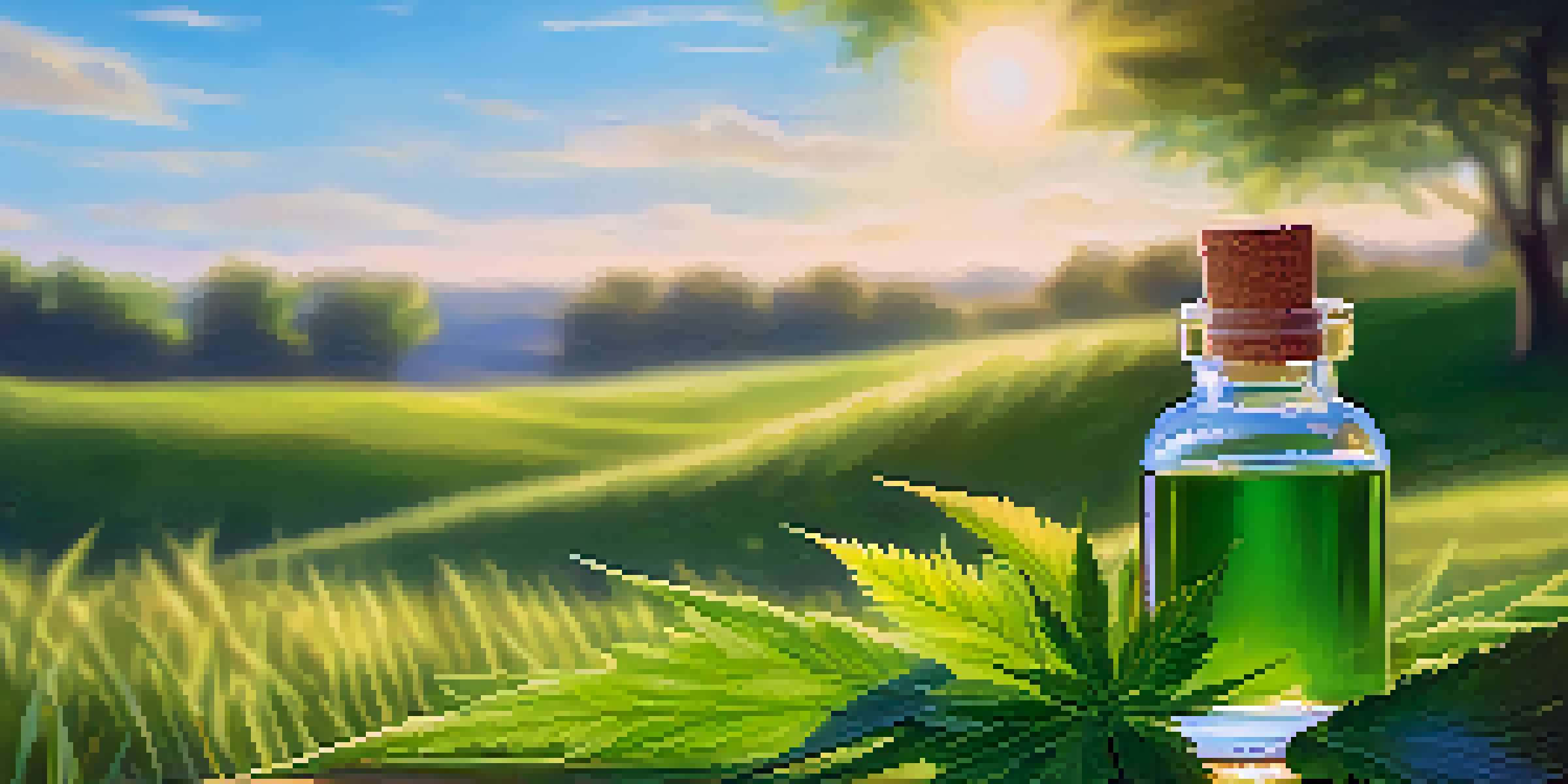 A glass bottle of CBD oil next to hemp leaves in a sunny green field.
