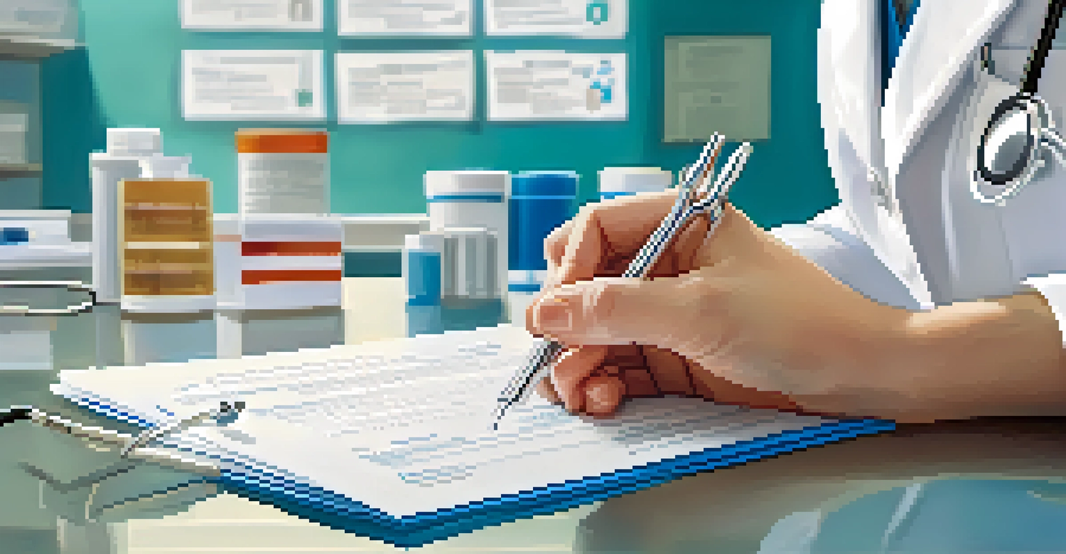 Close-up of a doctor's hand with a prescription pad and stethoscope in a well-organized medical office.