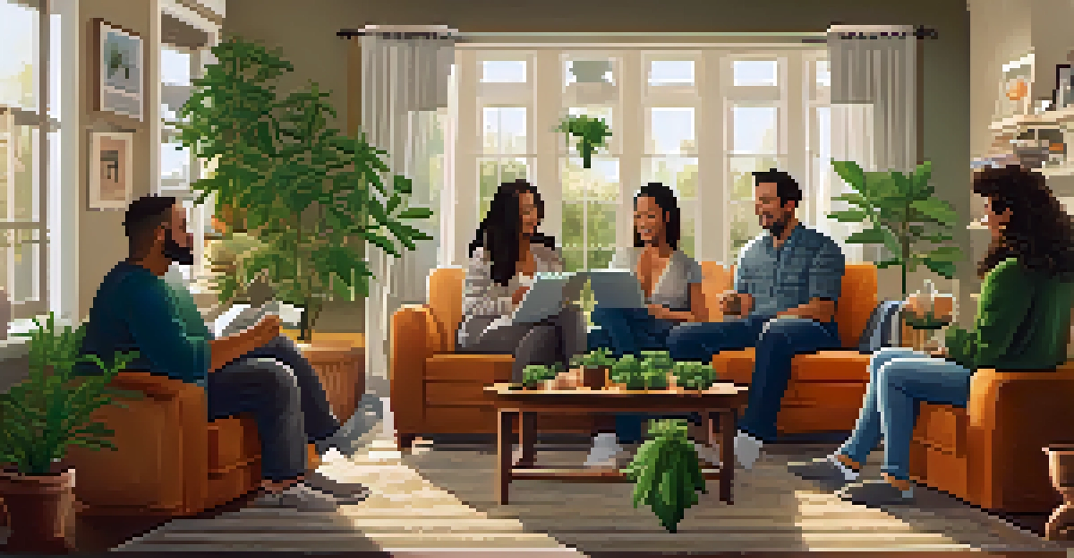A group of parents discussing responsible marijuana use in a cozy living room, sharing experiences and tips.