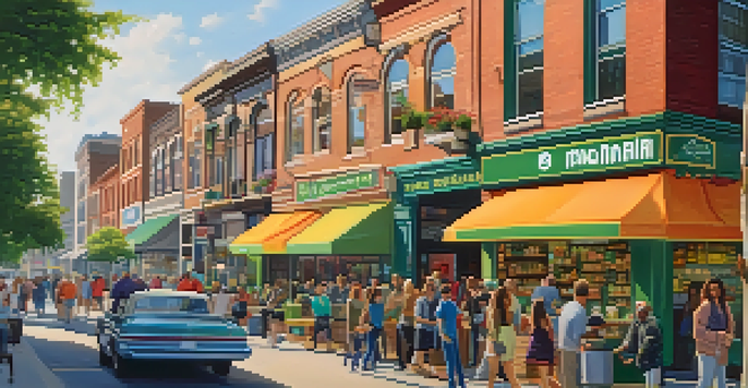 A lively urban street with a marijuana dispensary and local businesses, filled with people enjoying the day.