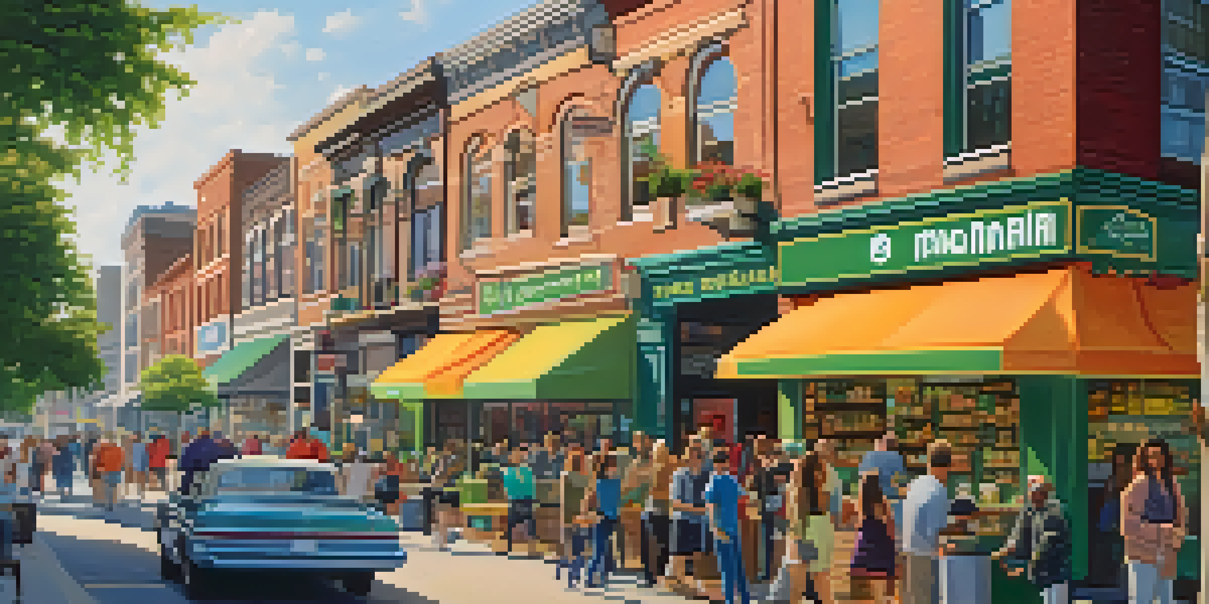 A lively urban street with a marijuana dispensary and local businesses, filled with people enjoying the day.