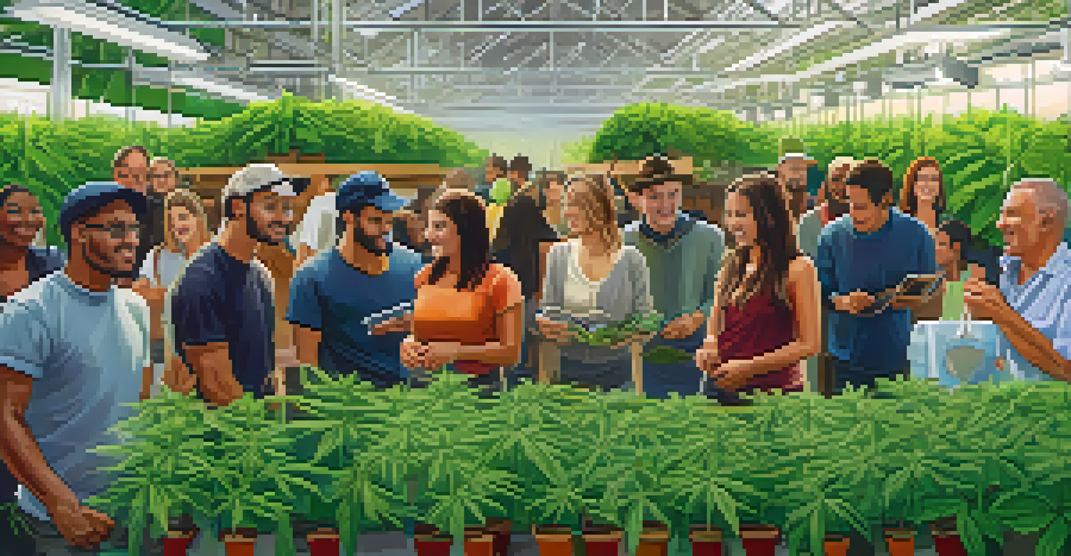 A community workshop at a vertical cannabis farm with diverse participants learning about sustainable farming and hydroponics.