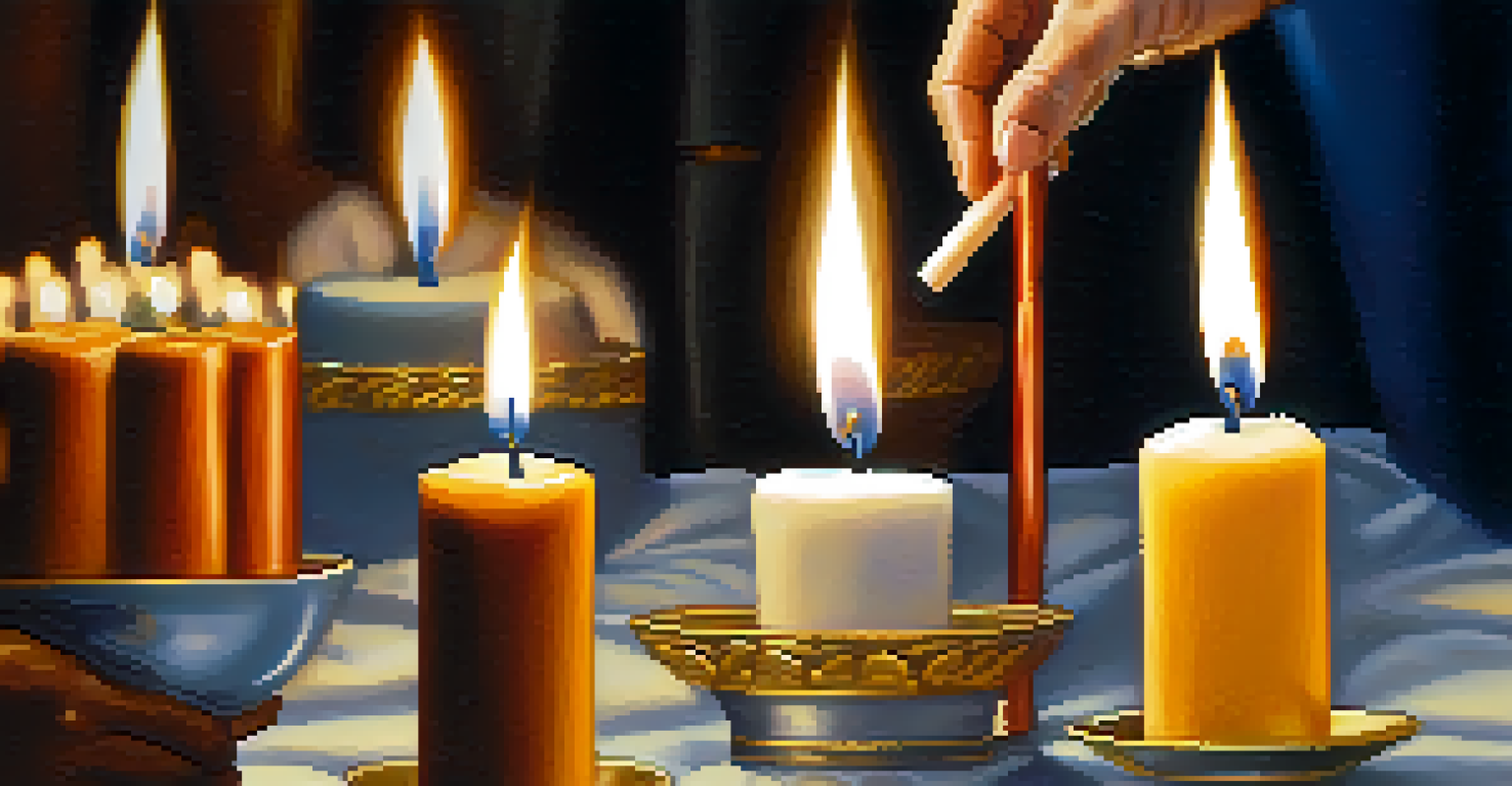 Close-up of hands lighting a candle at a memorial service, with cultural symbols in the background.