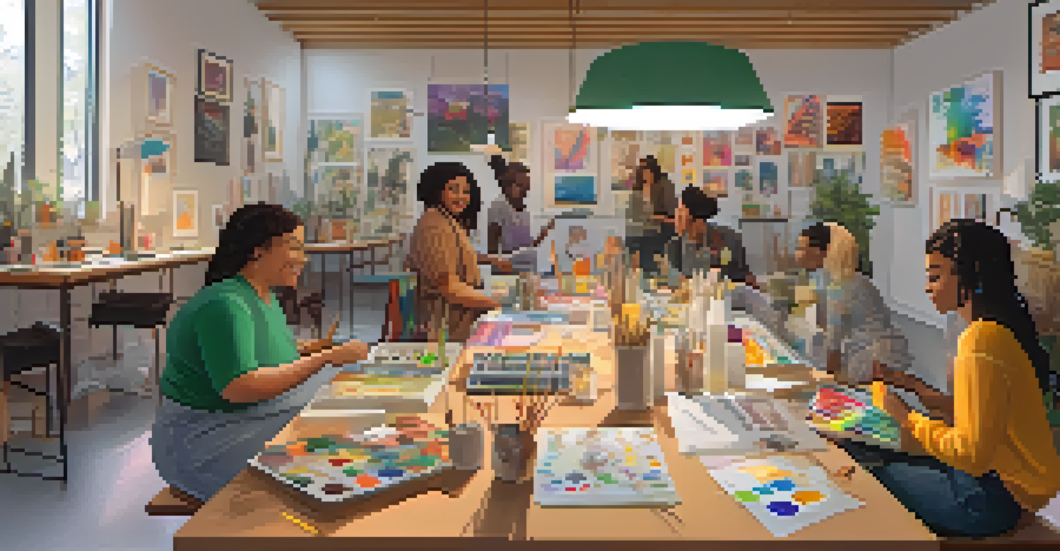 An indoor creative workshop with non-binary individuals painting and conversing, surrounded by colorful art supplies and warm lighting.