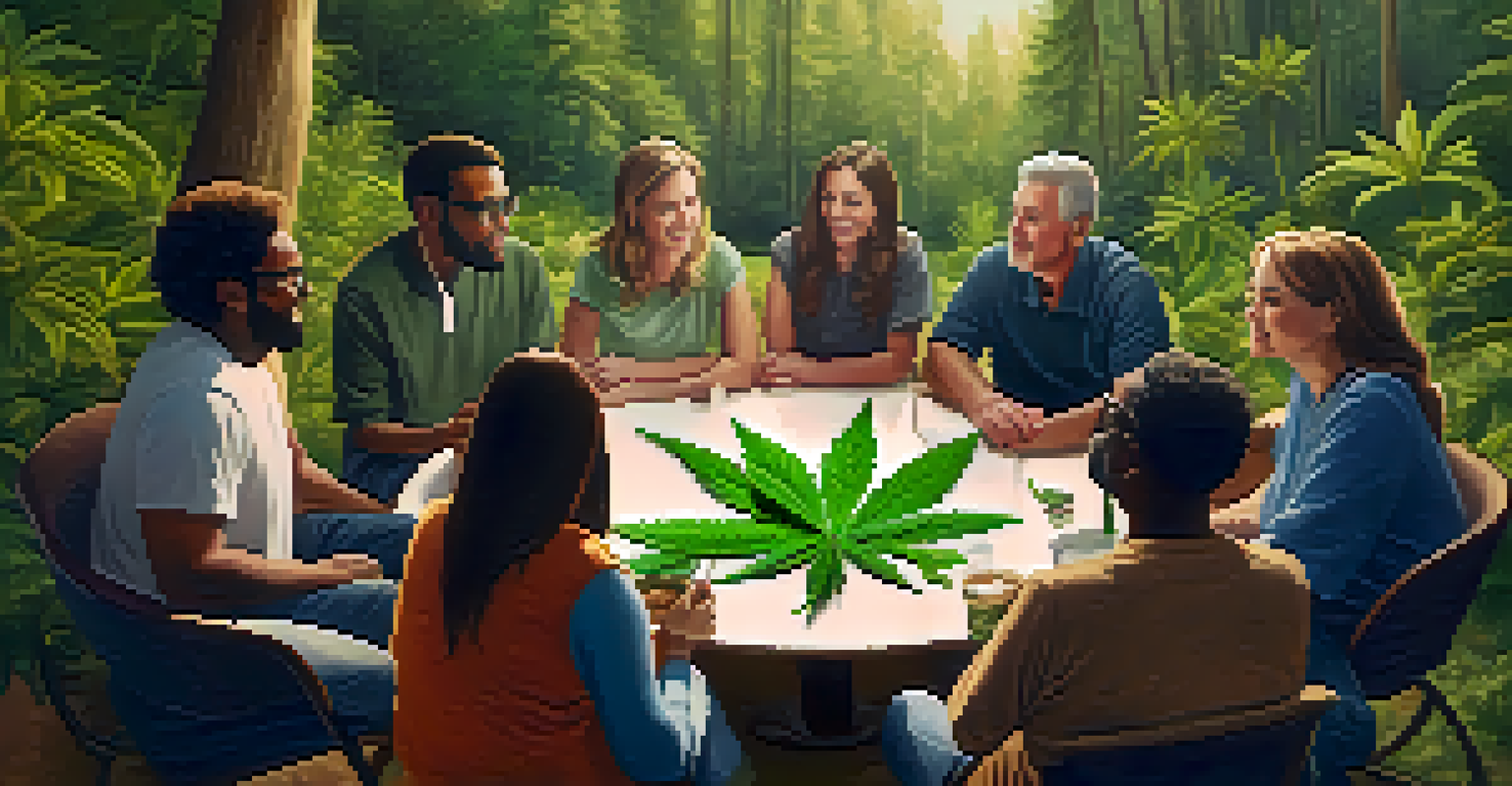A group of diverse individuals in a supportive circle, sharing stories about using cannabis for Parkinson's management, with a nature background.