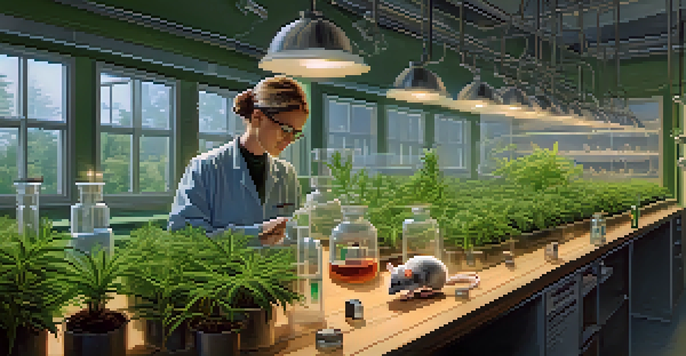 A researcher in a lab observing mice, with cannabinoid vials in the background, illuminated by warm lighting.