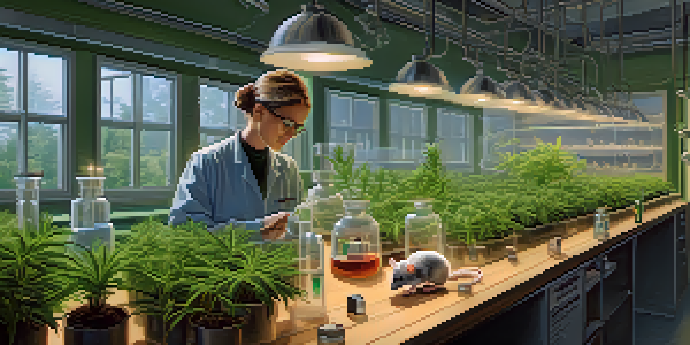 A researcher in a lab observing mice, with cannabinoid vials in the background, illuminated by warm lighting.