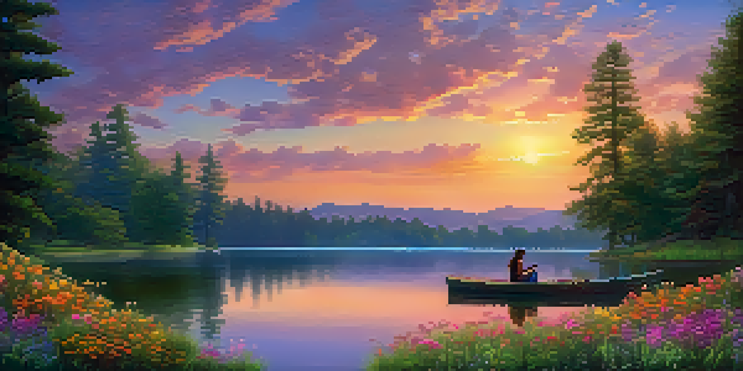 A serene virtual landscape with a vibrant sunset over a tranquil lake and a character relaxing by the water's edge.