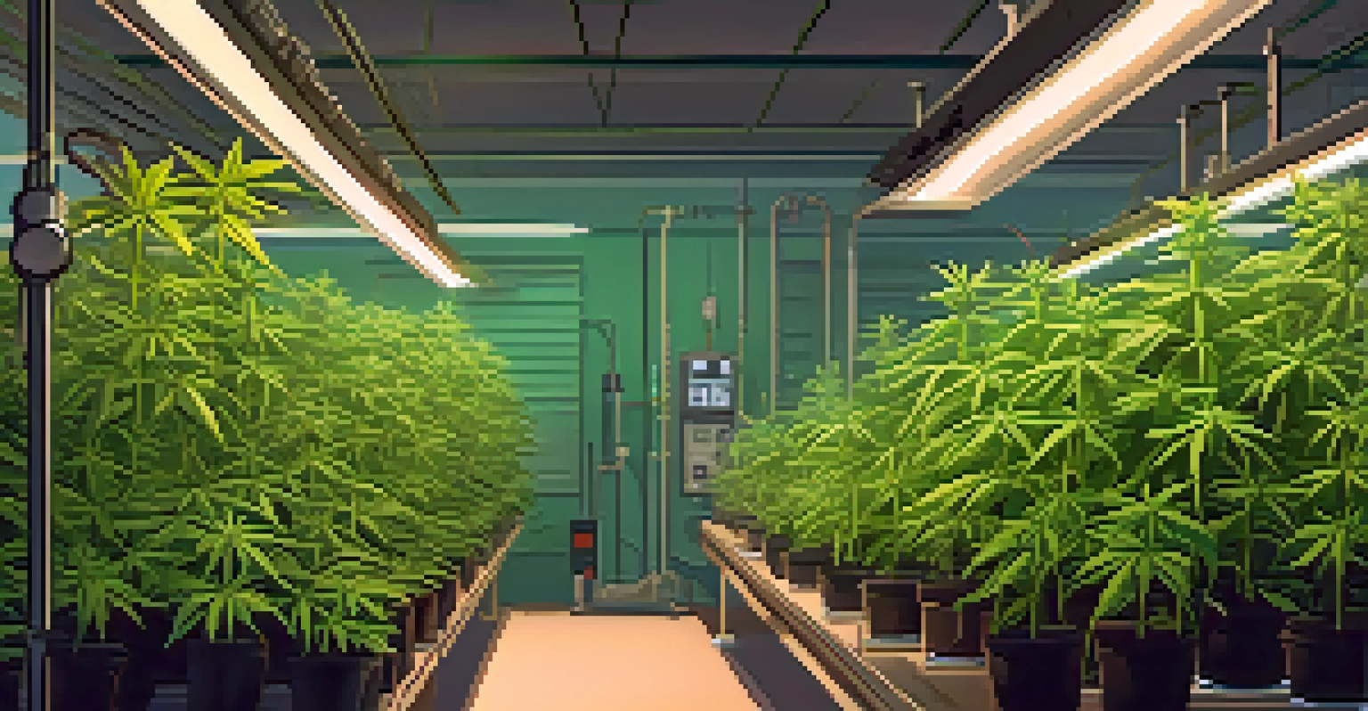 Indoor grow room with marijuana plants in different stages, hygrometer displaying humidity, and a fan for air circulation.