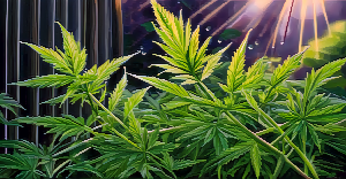 A close-up of a cannabis plant with detailed leaves and buds, illuminated by sunlight and dewdrops.