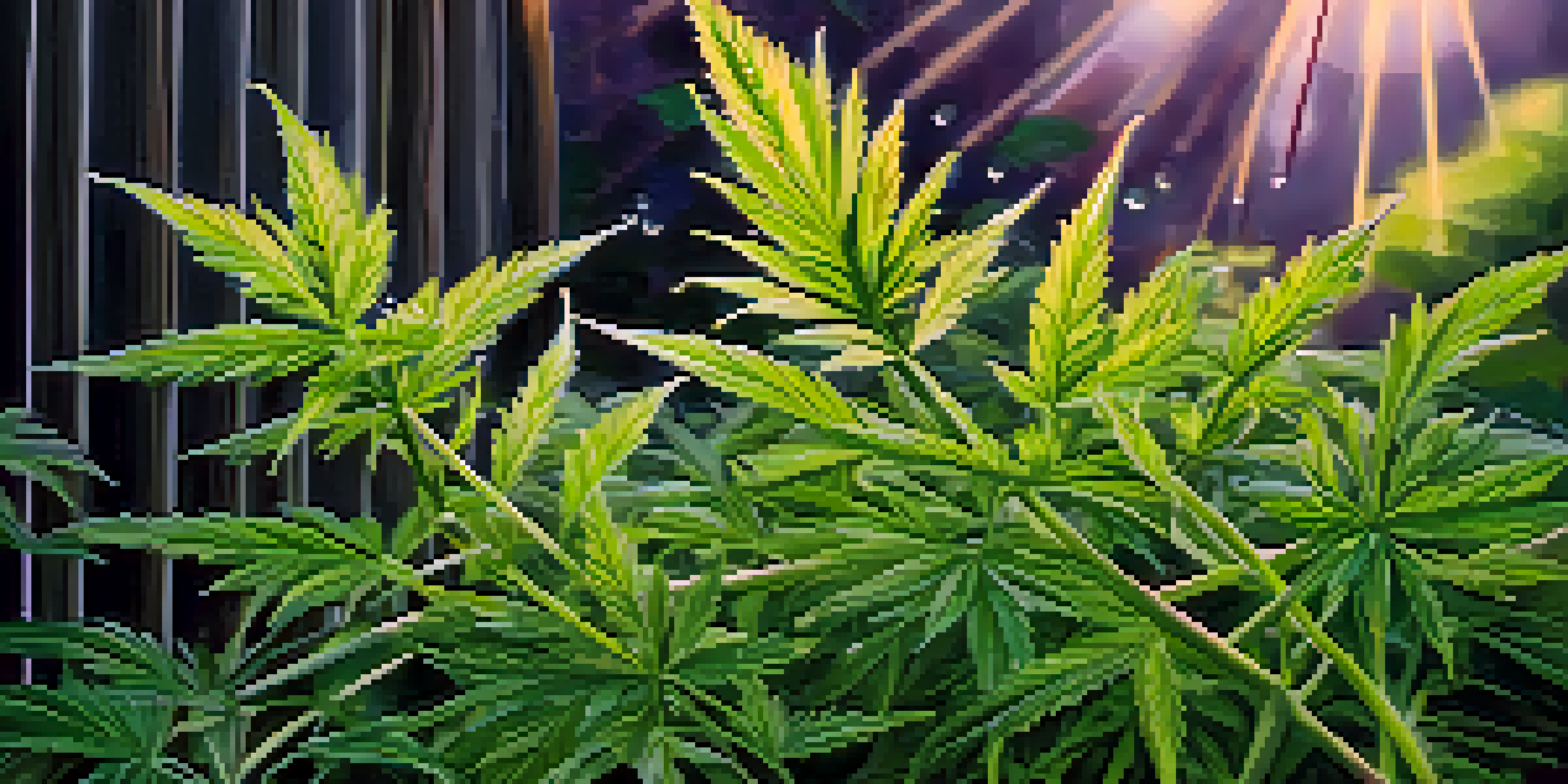 A close-up of a cannabis plant with detailed leaves and buds, illuminated by sunlight and dewdrops.