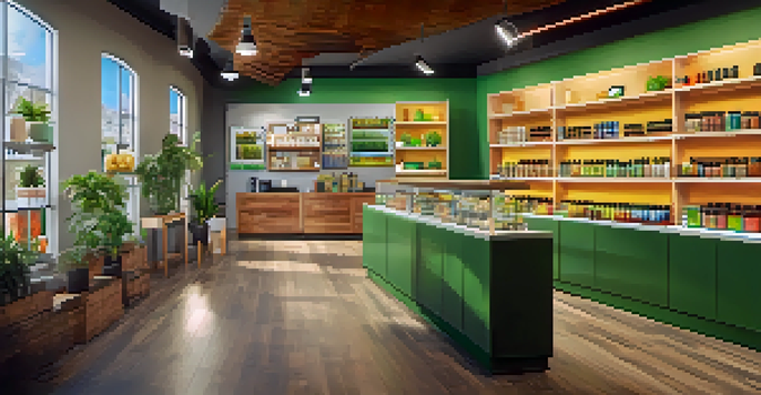A bright and inviting cannabis dispensary with wooden shelves stocked with various cannabis products and customers interacting with staff.