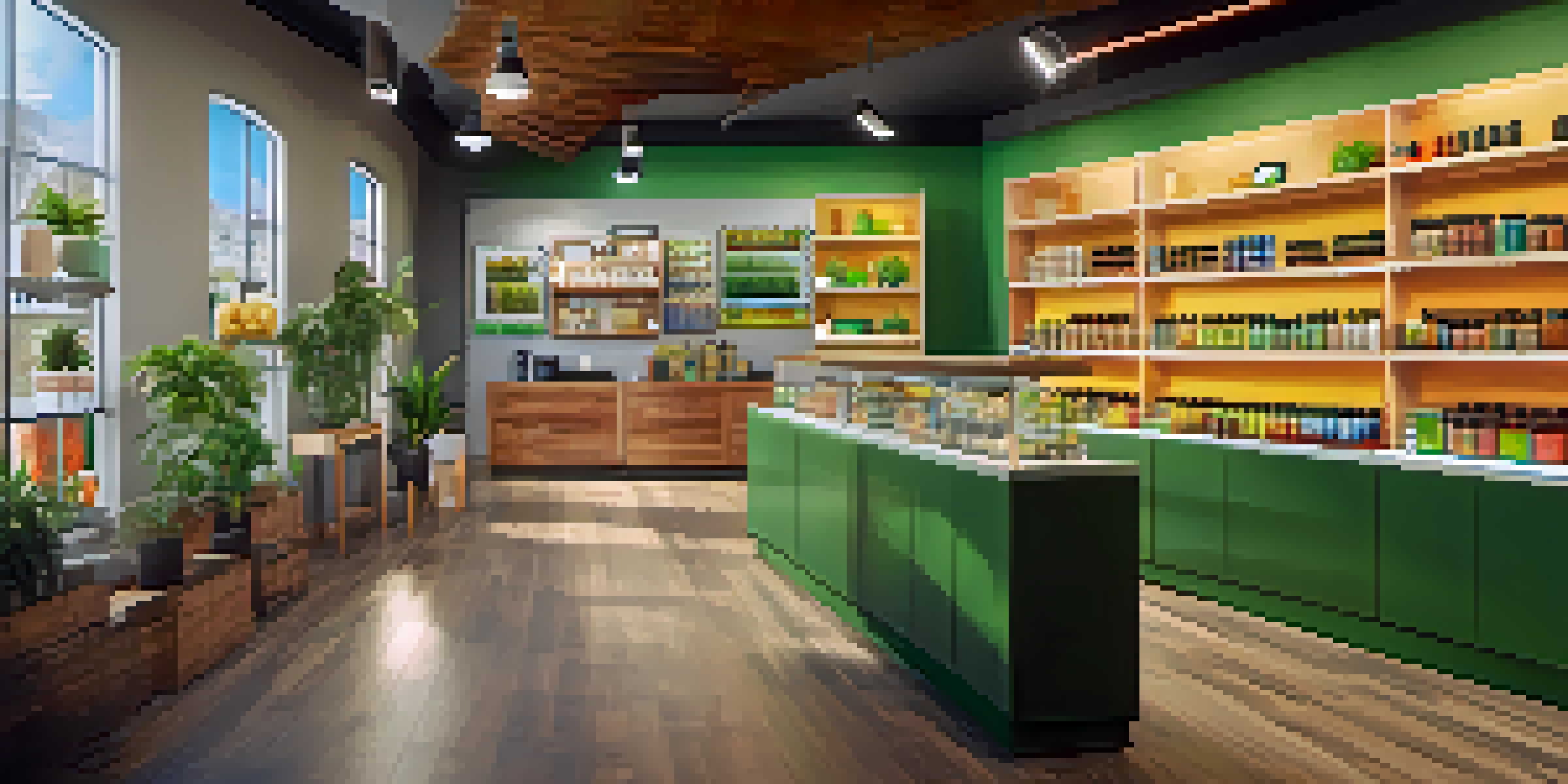 A bright and inviting cannabis dispensary with wooden shelves stocked with various cannabis products and customers interacting with staff.